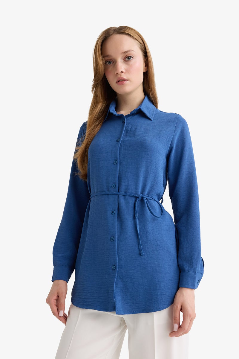 DeFacto Blue Woman Regular Fit Shirt Collar Long Sleeve Tunic Casual - Image 5